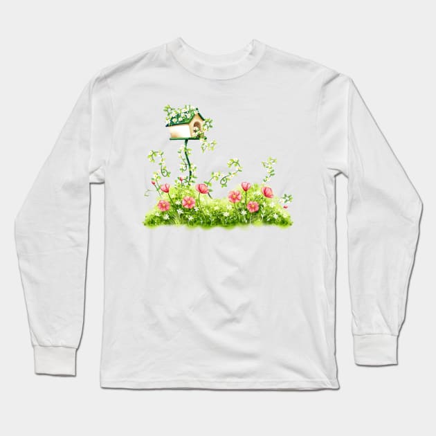 Image: Watercolor, Plants and birdhouse Long Sleeve T-Shirt by itemful